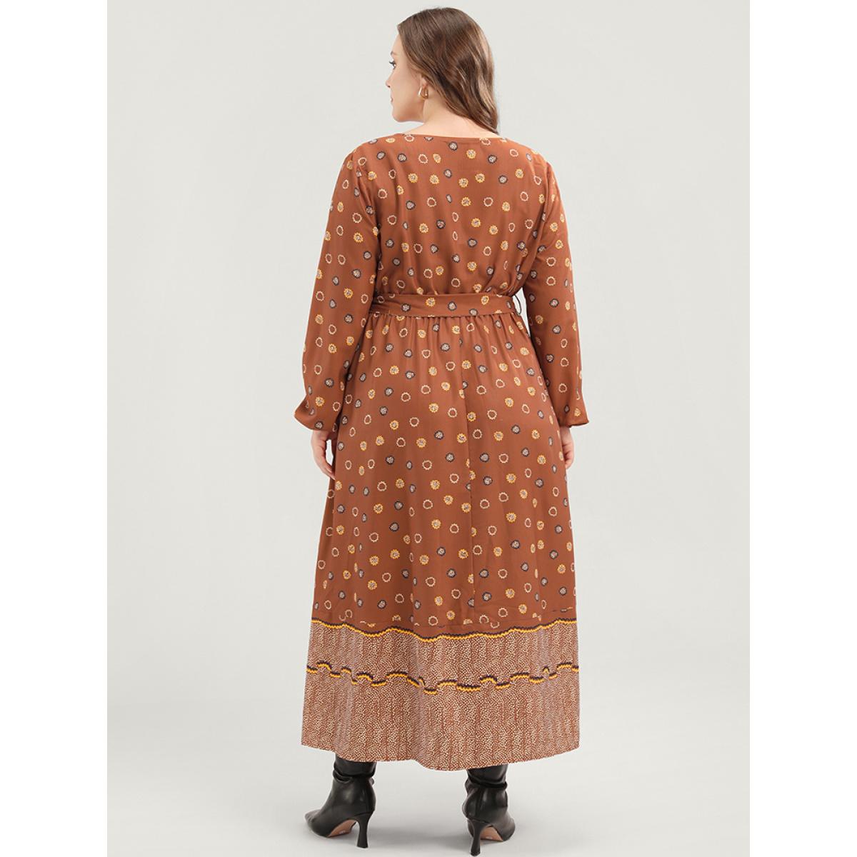 Plus Size Polka Dot Lantern Sleeve Pocket Belted Surplice Neck Maxi Dress Bronze Women Vacation V-neck Long Sleeve Curvy Long Dress BloomChic 14-16/1X Product Image