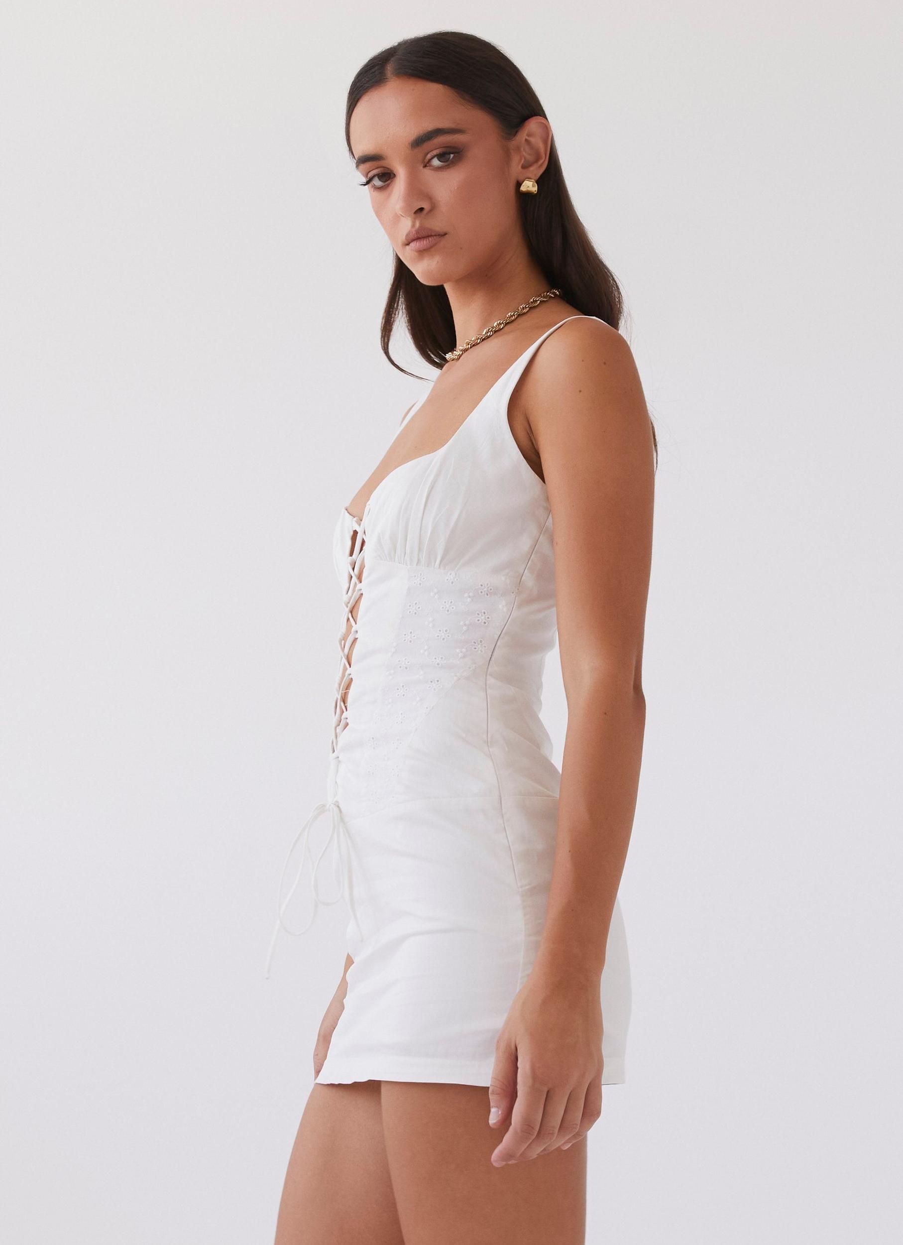 Casey Lace Up Mini Dress - White Product Image