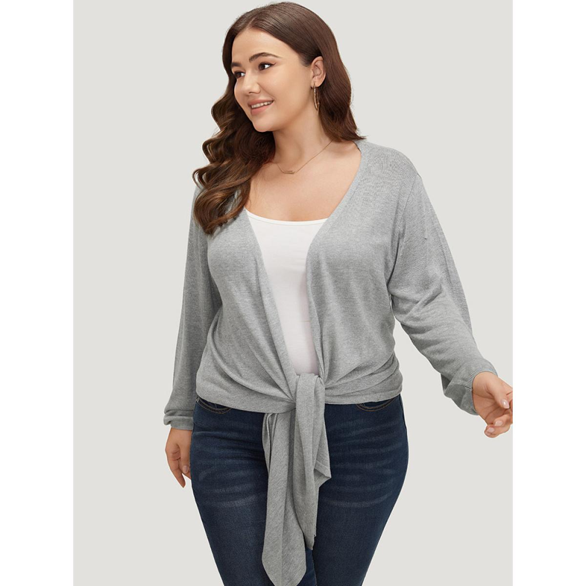 Plus Size Supersoft Essentials Plain Bowknot Front Supersoft Cardigan Gray Women Casual Loose Long Sleeve Everyday Cardigans BloomChic 12/L Product Image