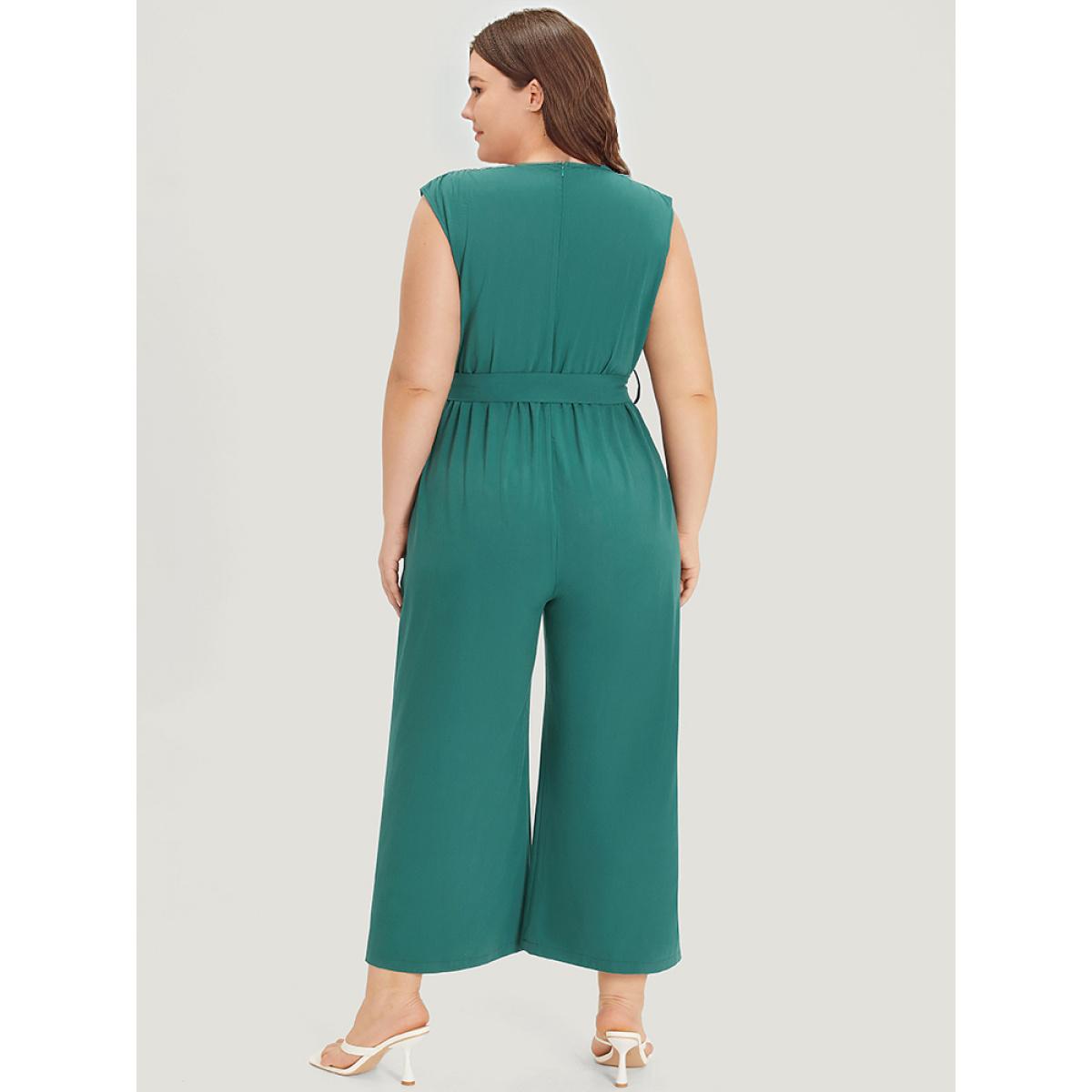 Plus Size Green Supersoft Essentials Plain Surplice Neck Belted Jumpsuit Women Elegant Sleeveless V-neck Dailywear Loose Jumpsuits BloomChic 26/4X Product Image