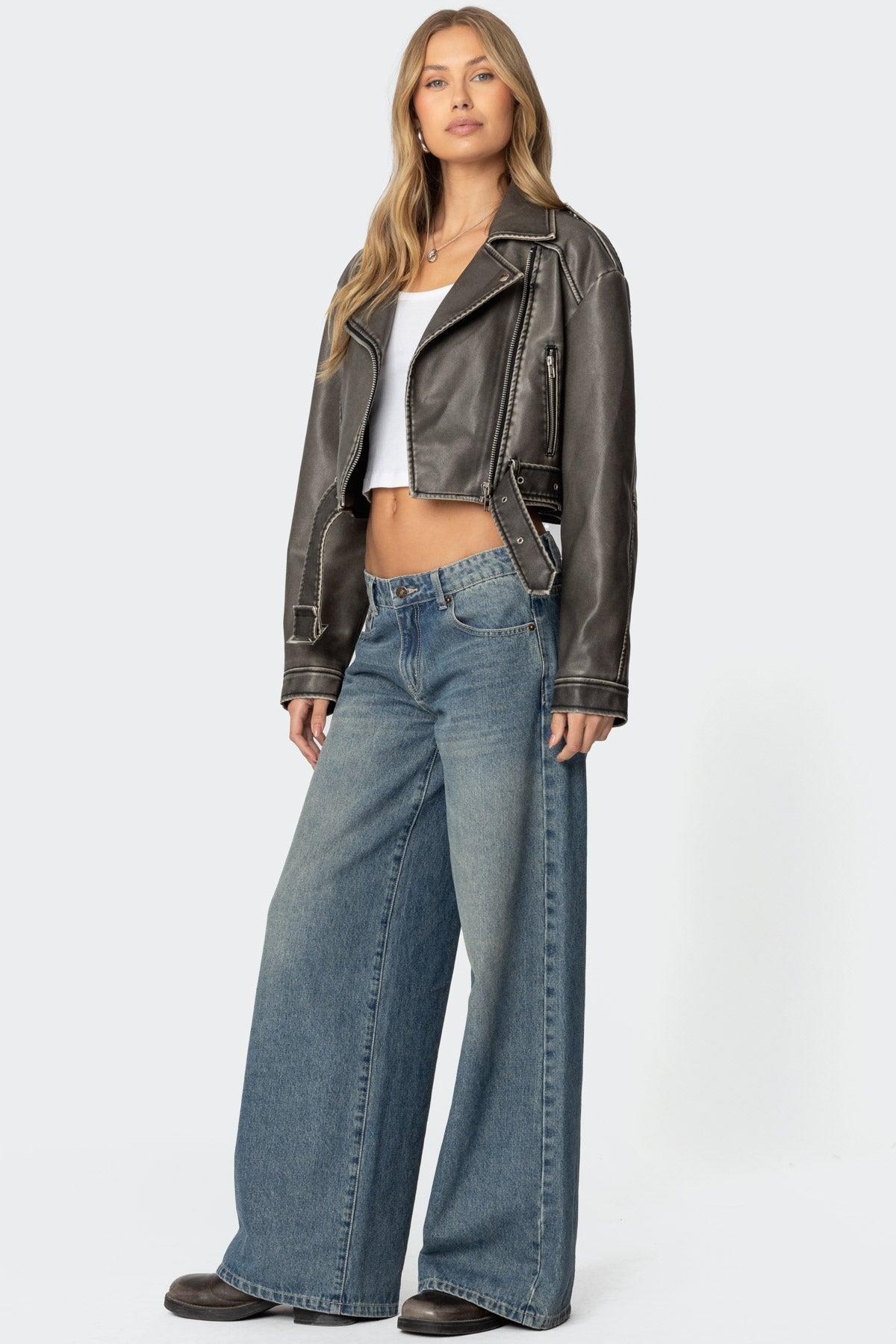 Washed Faux Leather Jacket Product Image