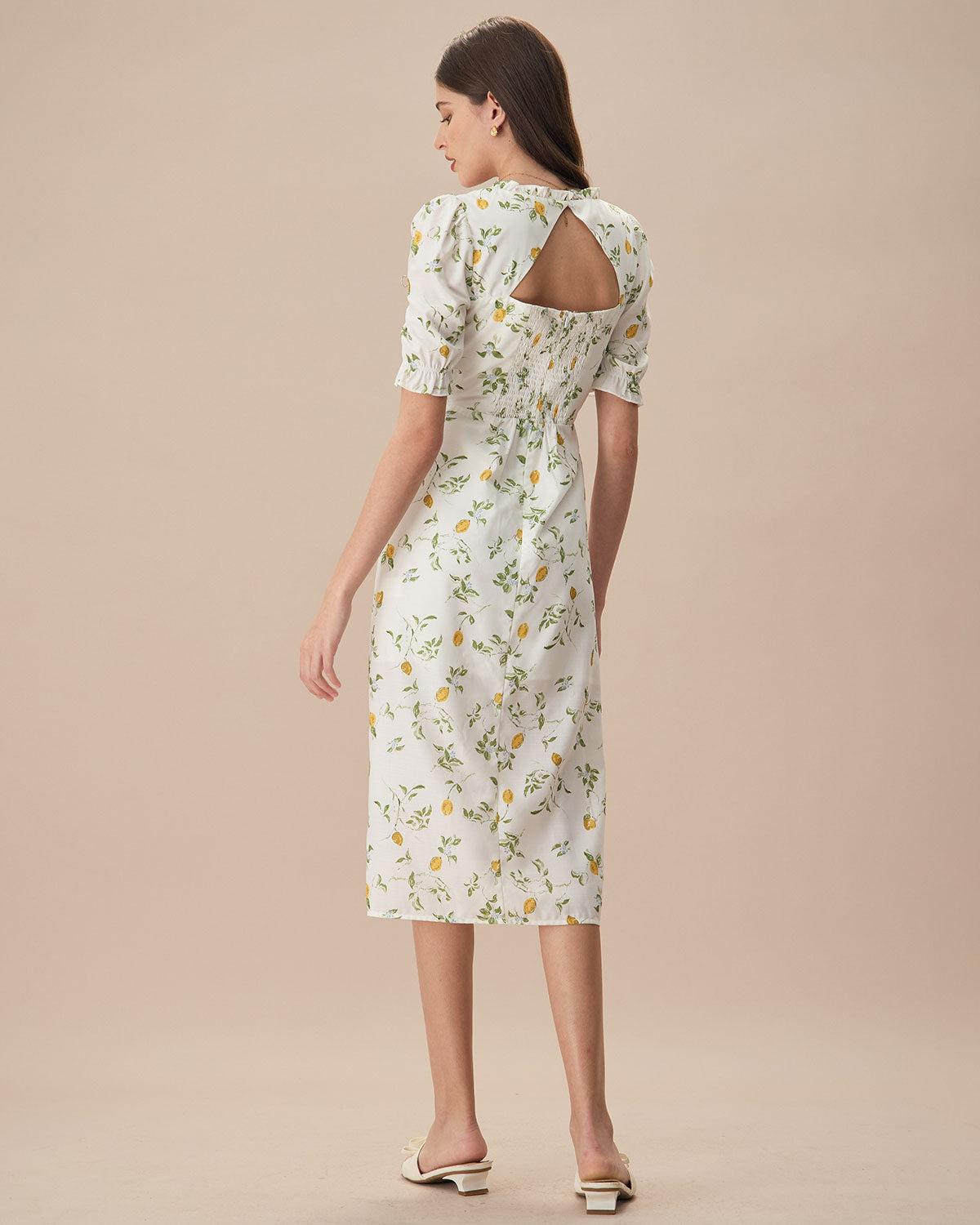 The White Square Neck Frill Trim Floral Midi Dress Product Image