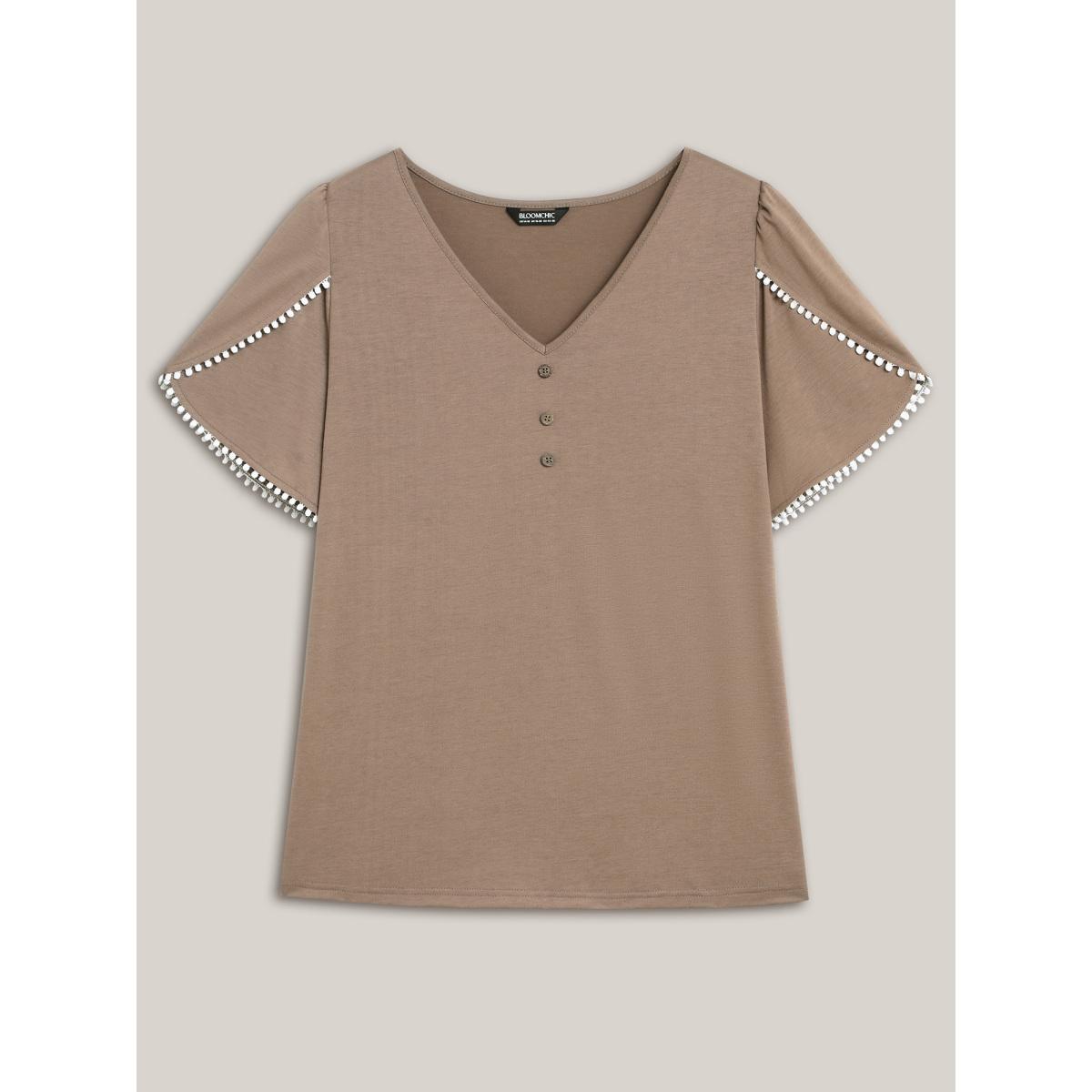Plus Size Petal Sleeve Lace Button Solid T-Shirt LightBrown Women Casual Petal edge V-neck Everyday T-shirts BloomChic 26/4X Product Image