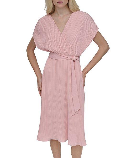 DKNY by Donna Karan Woven Crossover V-Neck Short Dolman Sleeve Belted A-Line Midi Dress Product Image