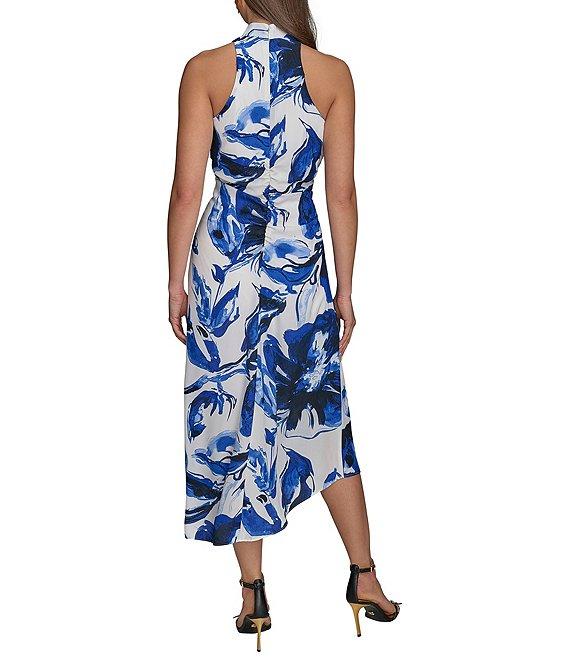 Donna Karan Cowl Neck Floral Print Asymmetric Hem Midi Dress Product Image