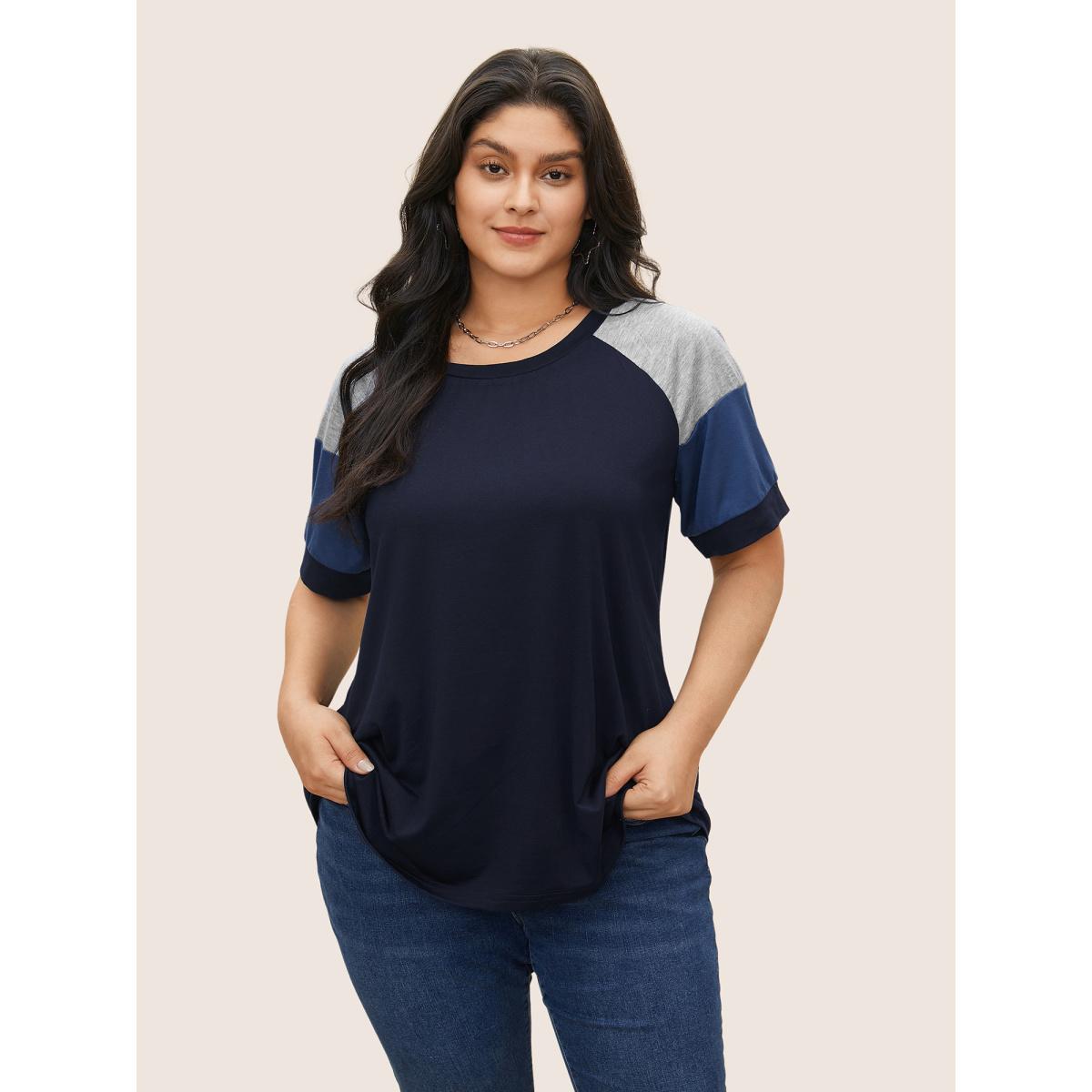 Plus Size Colorblock Contrast Crew Neck Raglan Sleeve T-shirt Indigo Women Leisure Contrast Colorblock Casual T-shirts BloomChic 10/M Product Image