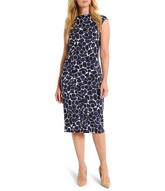 NIC + ZOE Geo Pebble Knit Boat Neck Sleeveless Side Ruche Dress Product Image