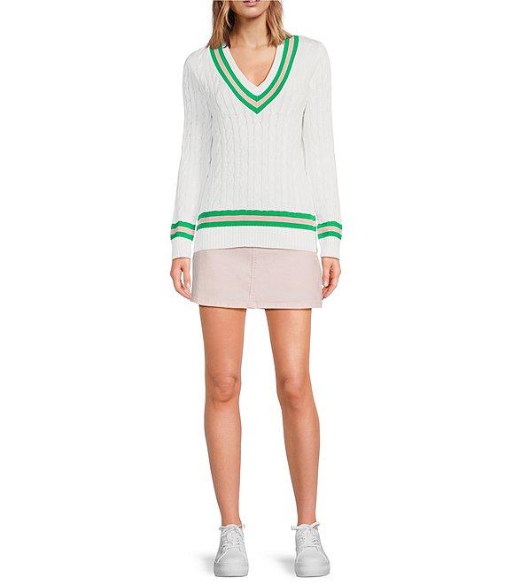 Lilly Pulitzer Brockton Cable Knit V-Neck Long Sleeve Stripe Detail Sweater Product Image