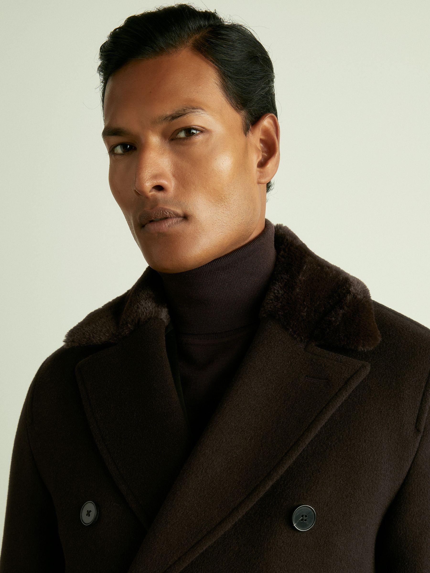 Wool-Blend Faux-Fur Collar Overcoat in Brown Product Image