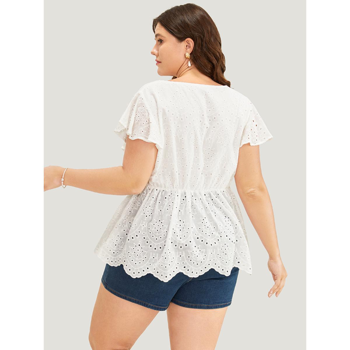 Plus Size White Solid Ruffles Scalloped Trim Laser Cut Blouse Women Vacation Short sleeve V-neck Dailywear Blouses BloomChic 28/5X Product Image