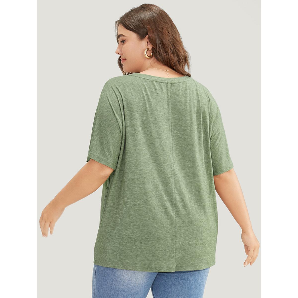 Plus Size Solid Contrast Lace Ruffle Sleeve T-shirt Sage Women Elegant Lace Plain Round Neck Everyday T-shirts BloomChic 18-20/2X Product Image