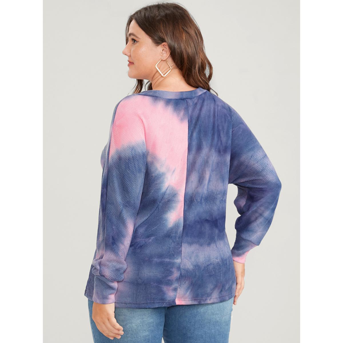 Plus Size Tie Dye Dolman Sleeve Waffle Knit Drop Shoulder Sweatshirt Women Indigo Casual Tie Dye Loose V-neck Dailywear Sweatshirts BloomChic 22-24/3X Product Image