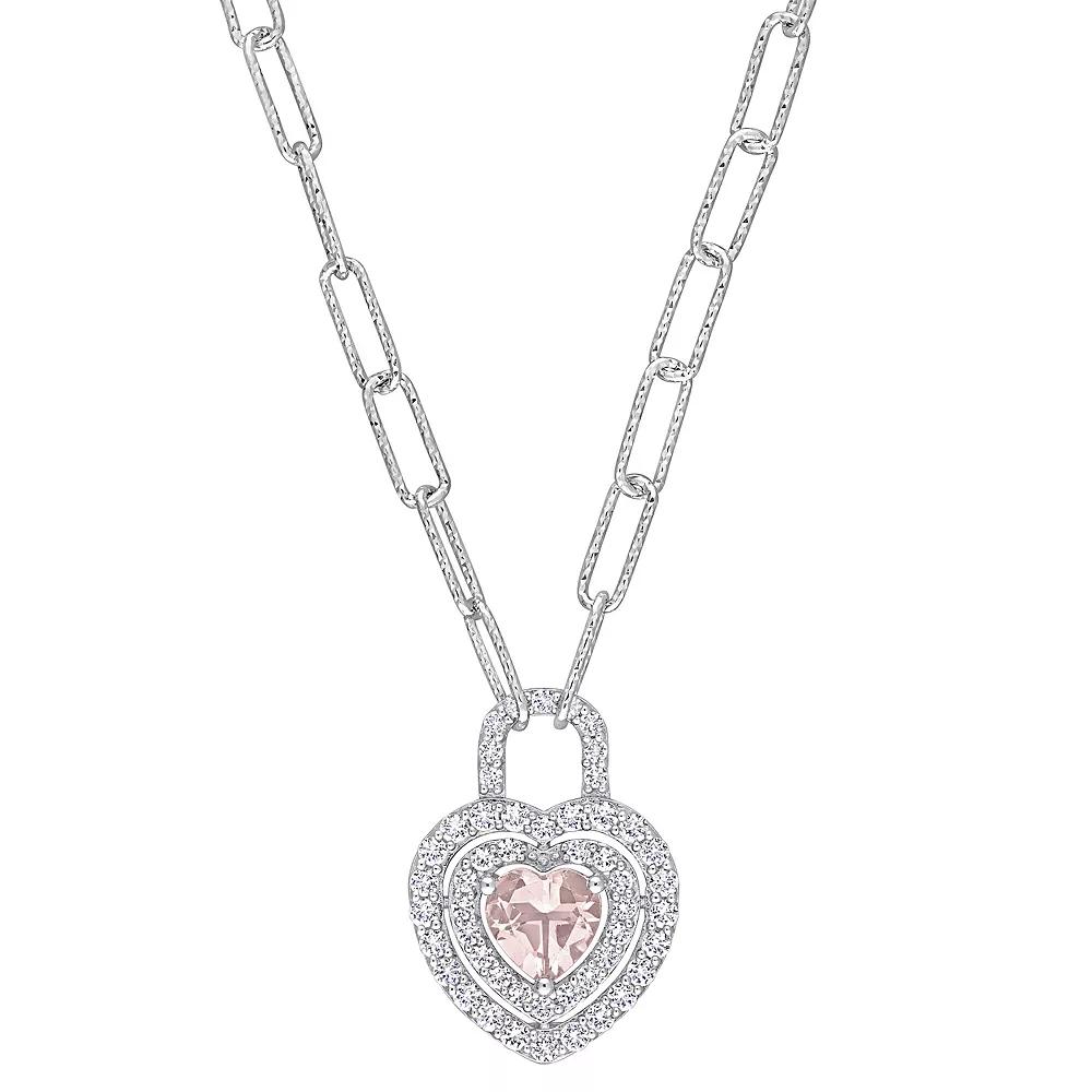 Stella Grace Sterling Silver Morganite & Created White Sapphire Double Halo Heart Lock Pendant Necklace, Women's, Size: 16" Product Image