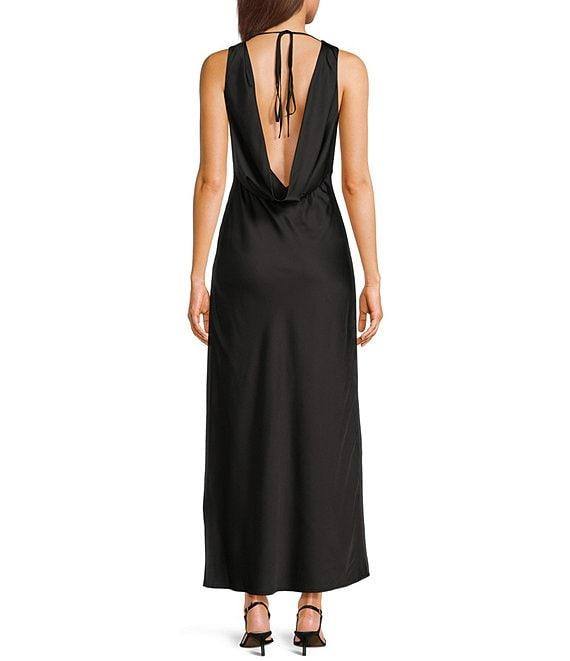 Midnight Doll Satin V-Neck Sleeveless Back Drape Dress Product Image