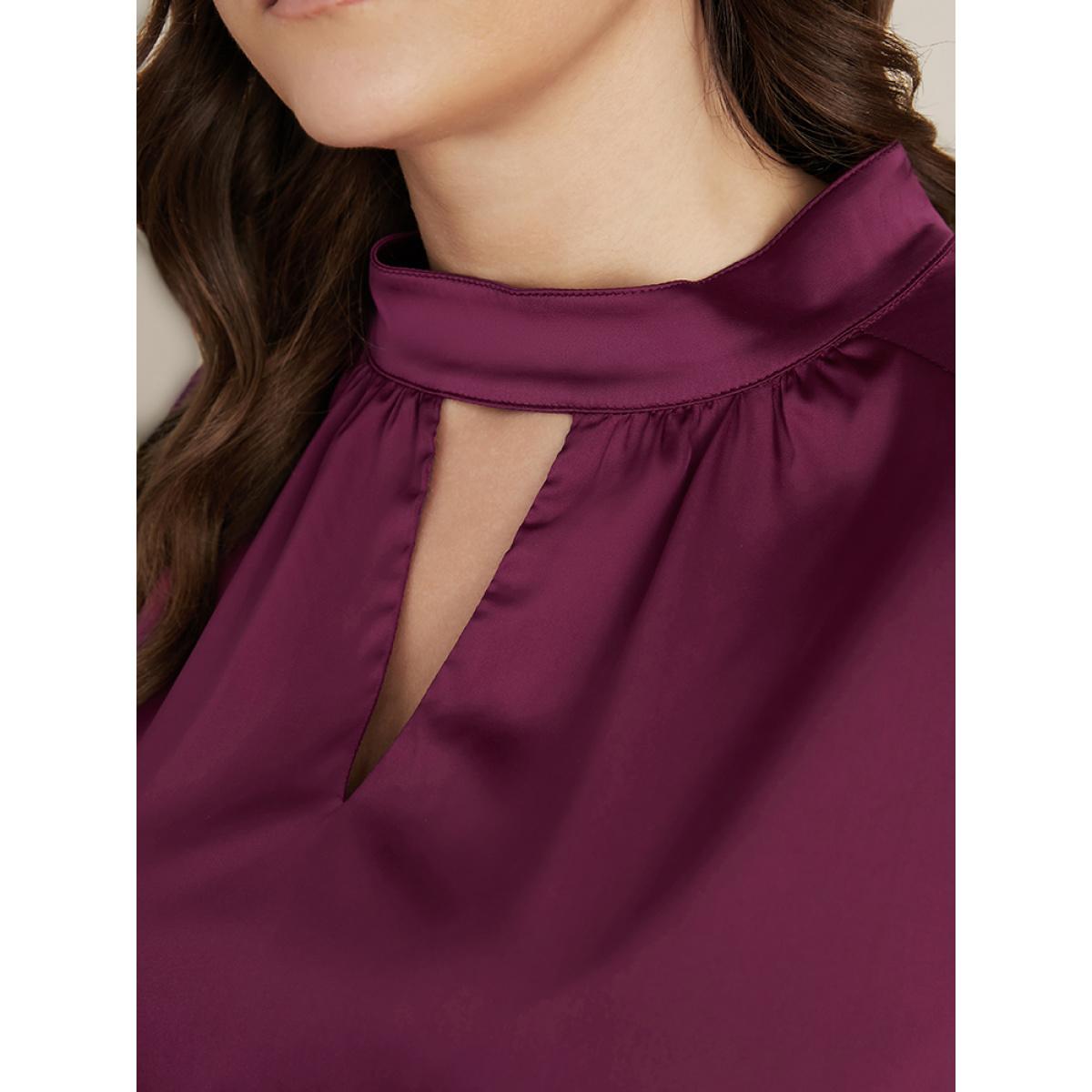 Plus Size Solid Pocket Keyhole Mock Neck Satin Midi Dress RedViolet Women Party Pocket Mock Neck Long Sleeve Curvy Midi Dress BloomChic 10/M Product Image