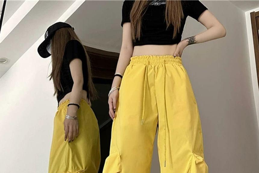 Mid Rise Plain Drawstring Cargo Baggy Pants Product Image