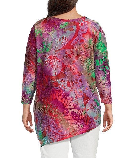 Calessa Plus Size Burnout Tie-Dye Crew Neck Bracelet Sleeve Asymmetric Hem Tunic Product Image