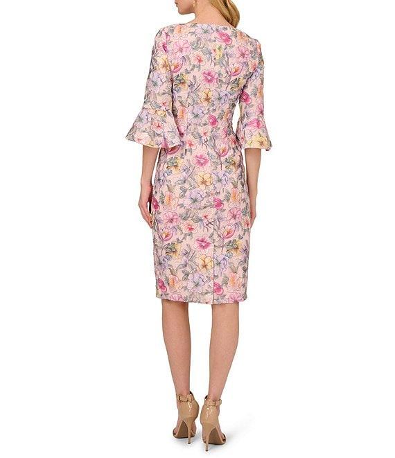 Adrianna Papell Square Neck Bell Sleeve Embroidered Floral Sheath Dress Product Image