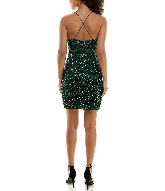 B. Darlin Sequin Cowl Neck Cross Back Bungee Strap Bodycon Dress Product Image
