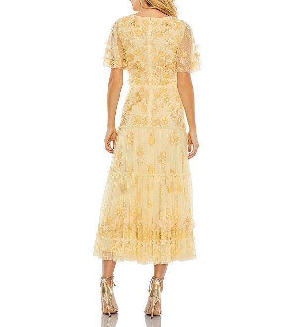 Mac Duggal 3D Floral Embellished Beaded Mesh V-Neck Flutter Sleeve A-Line Dress Product Image