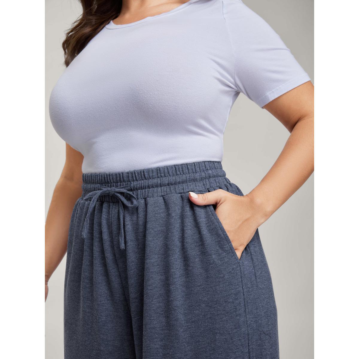 Plus Size Waist Drawstring Split Hem Wide-Leg Pants Women Indigo Leisure Loose Mid Rise Casual Pants BloomChic 10/M Product Image