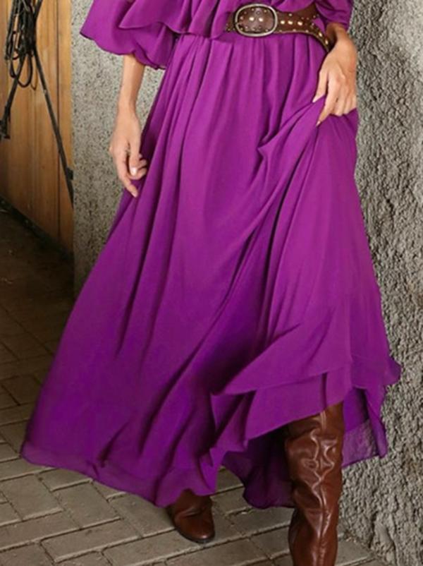 Flared Sleeves Loose Pleated Solid Color Split-Joint Round-Neck Maxi Dresses Product Image