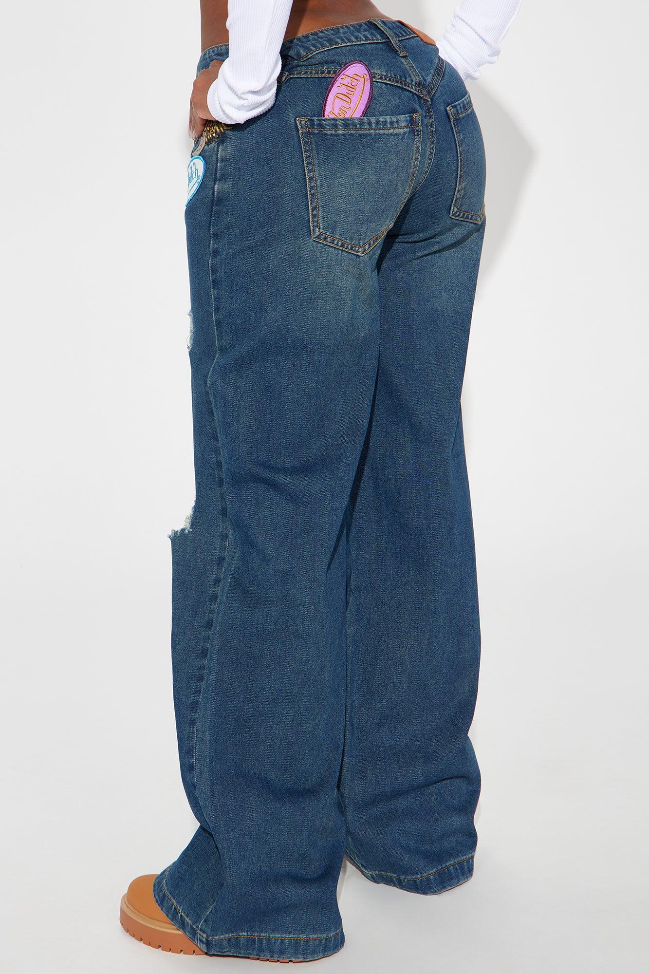 Von Dutch Patchwork Mid Rise Wide Leg Jeans - Dark Wash Product Image
