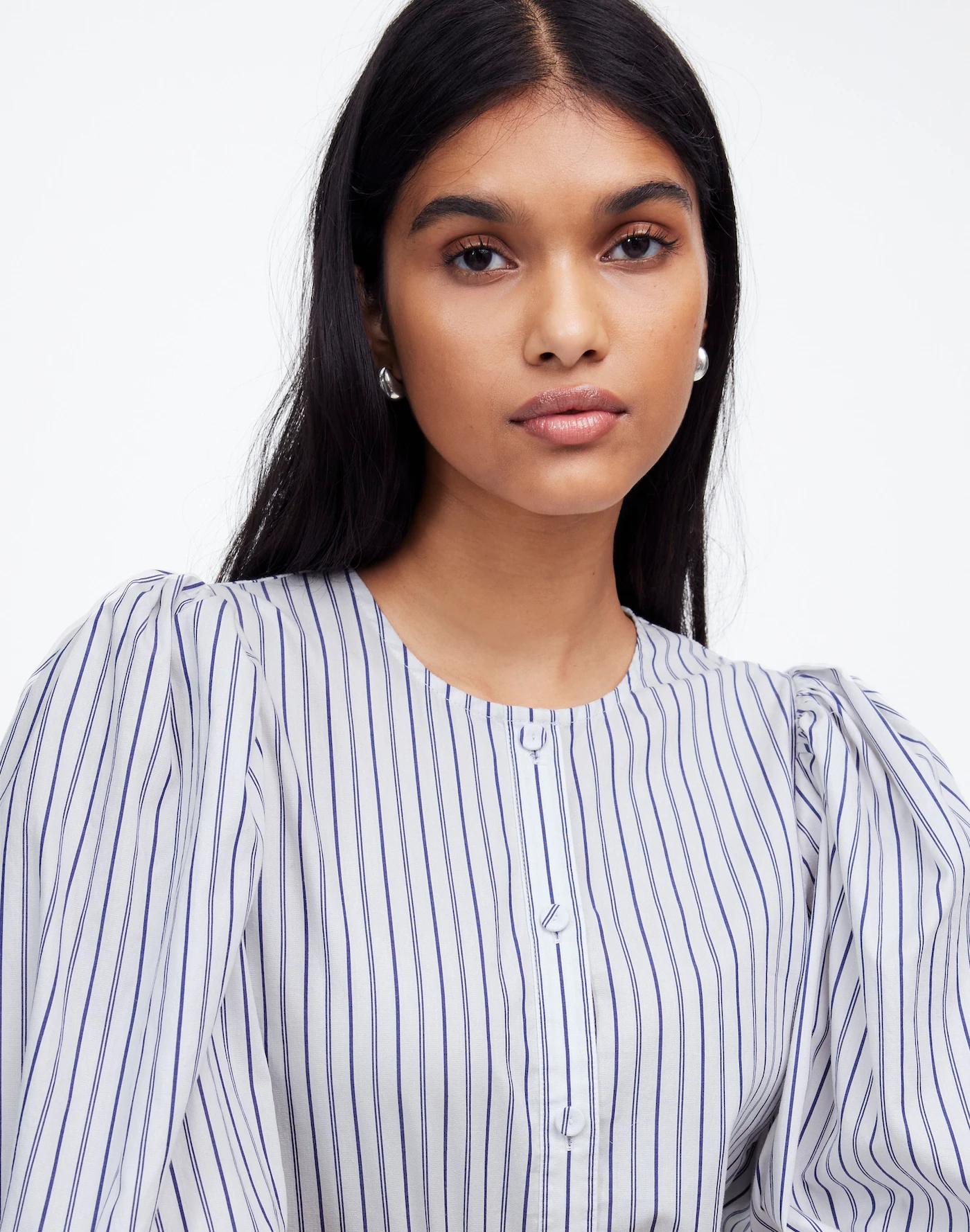 Puff-Sleeve Button-Up Top in Stripe Product Image