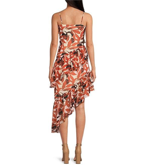 Gianni Bini Margot Copper Palm Printed Chiffon V-Neck Sleeveless Asymmetrical Hemline Ruffle Dress Product Image
