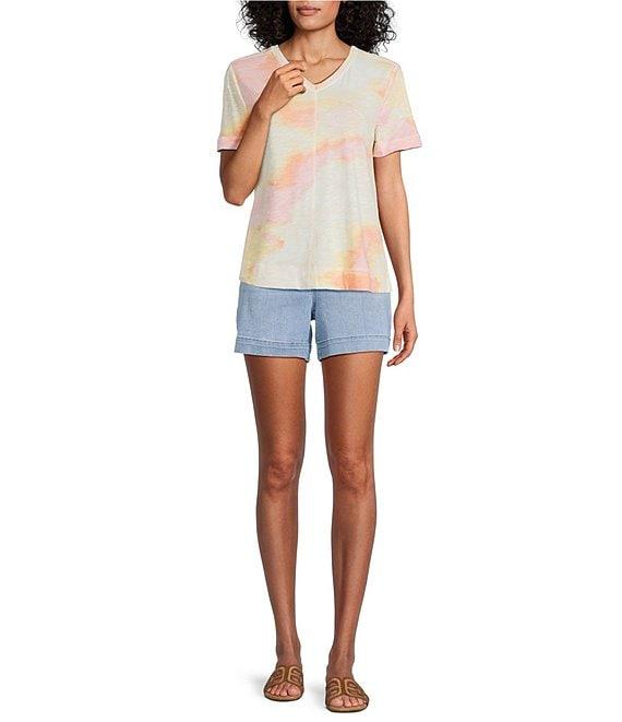 Westbound Distressed Foulard Print Short Sleeve V-Neck Top Product Image