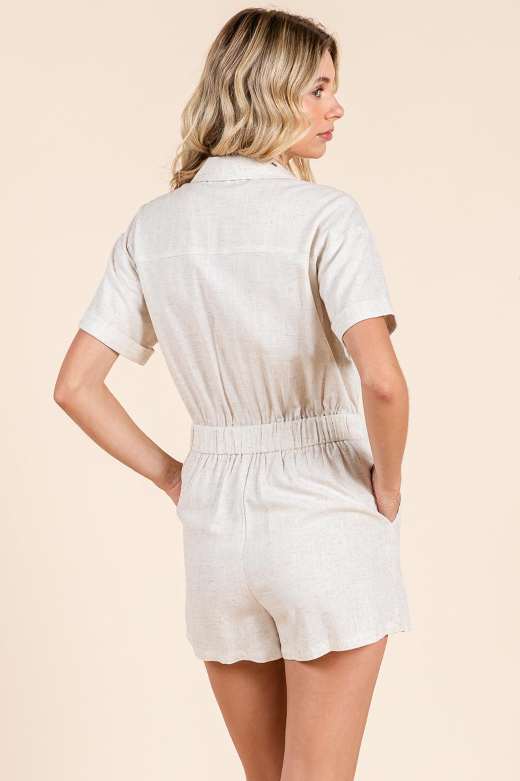 Linen Collared Short Sleeve Belted Romper Product Image