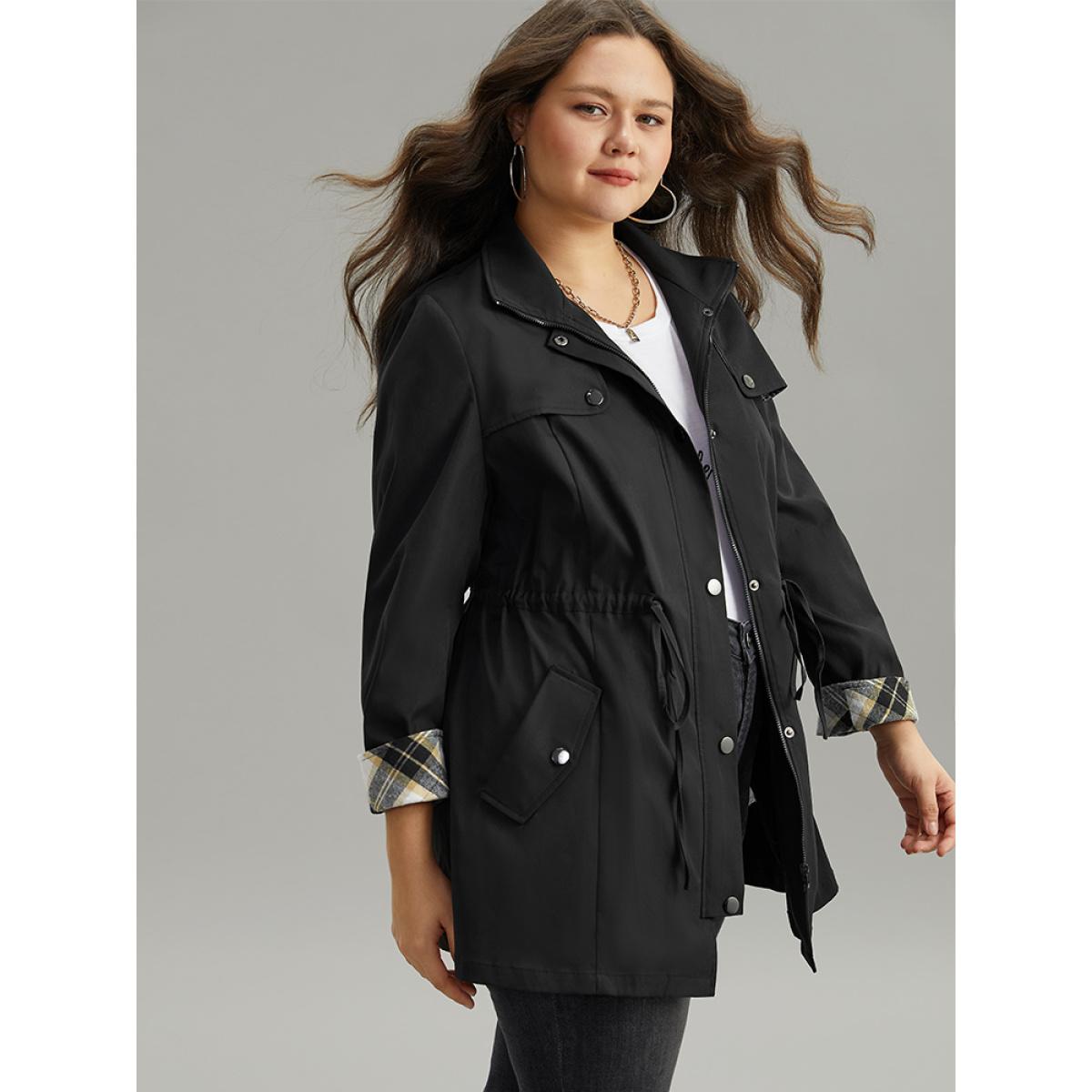 Plus Size Wind-Resistant Plaid Patchwork Drawstring Zipper Coat Women Black Contrast Pocket Dailywear Jackets BloomChic 10/M Product Image
