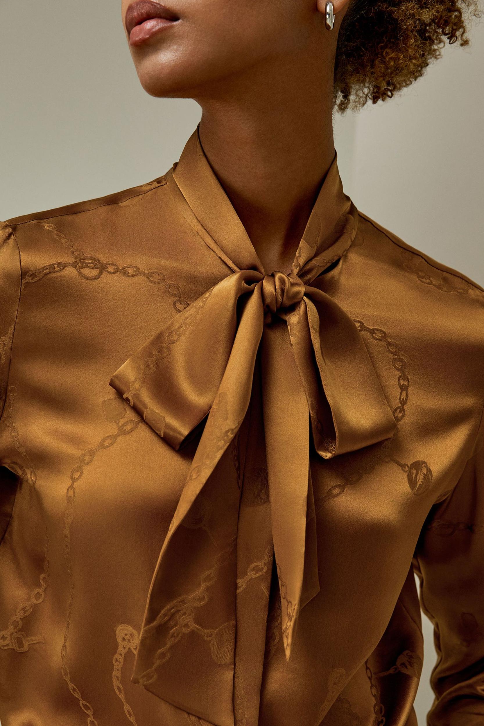 Jacquard-wave Silk Blouse with Bow Product Image