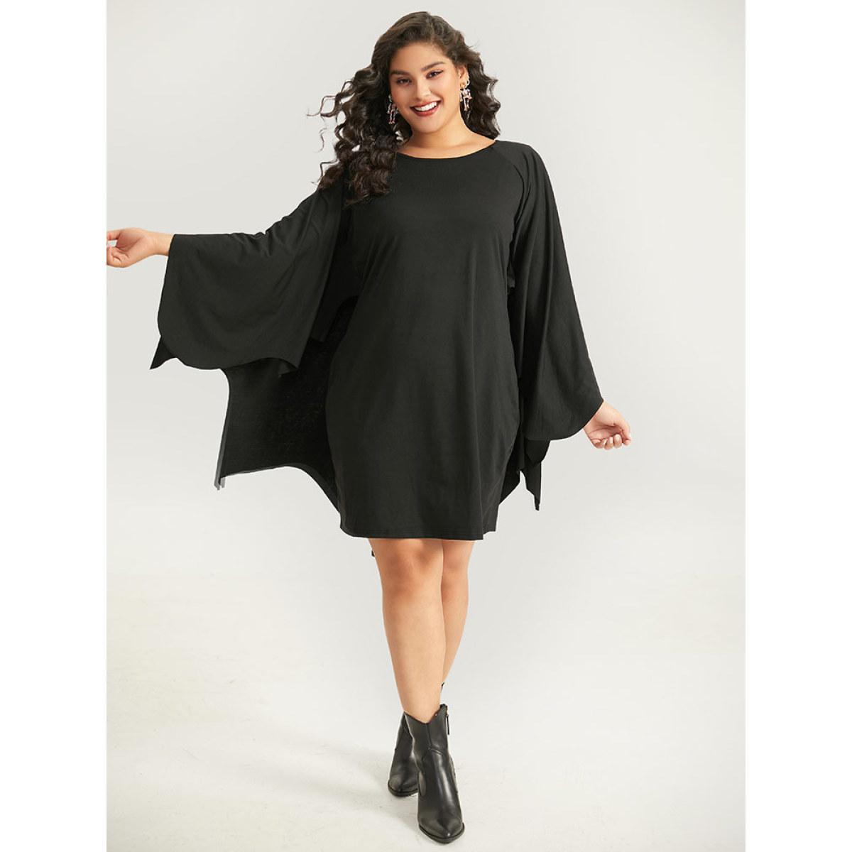 Plus Size Halloween Plain Round Neck Dolman Sleeve Dress Black Women Casual Plain Round Neck Long Sleeve Curvy Midi Dress BloomChic 28/5X Product Image