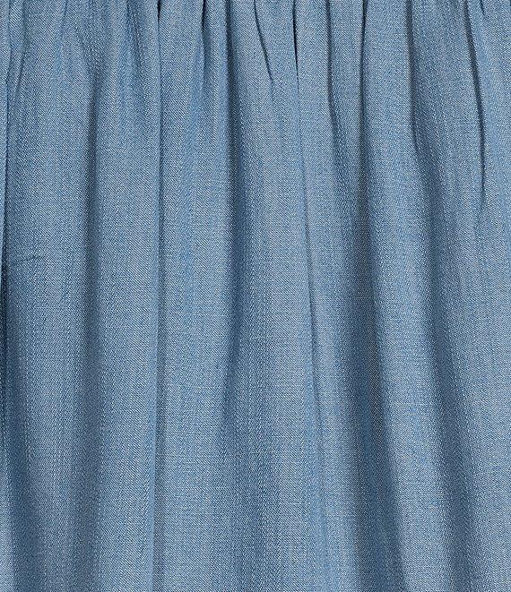 Westbound Woven Chambray Short Sleeve Y-Neck Button Front Top Product Image