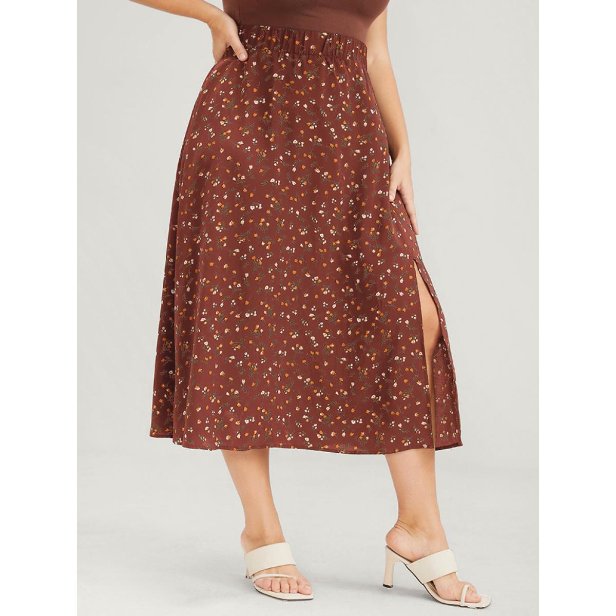 Plus Size Elastic Waist Ditsy Floral Split Skirt Women Chocolate Elegant Printed No stretch Dailywear Skirts BloomChic 10/M Product Image