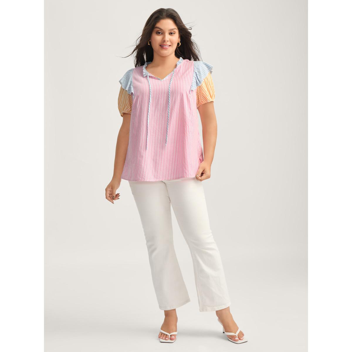 Plus Size Multicolor Cotton Colorful Stripes Ruffled Neck Tie Blouse Women Short sleeve Notched collar Everyday-Elegant Blouses BloomChic 22-24/3X Product Image