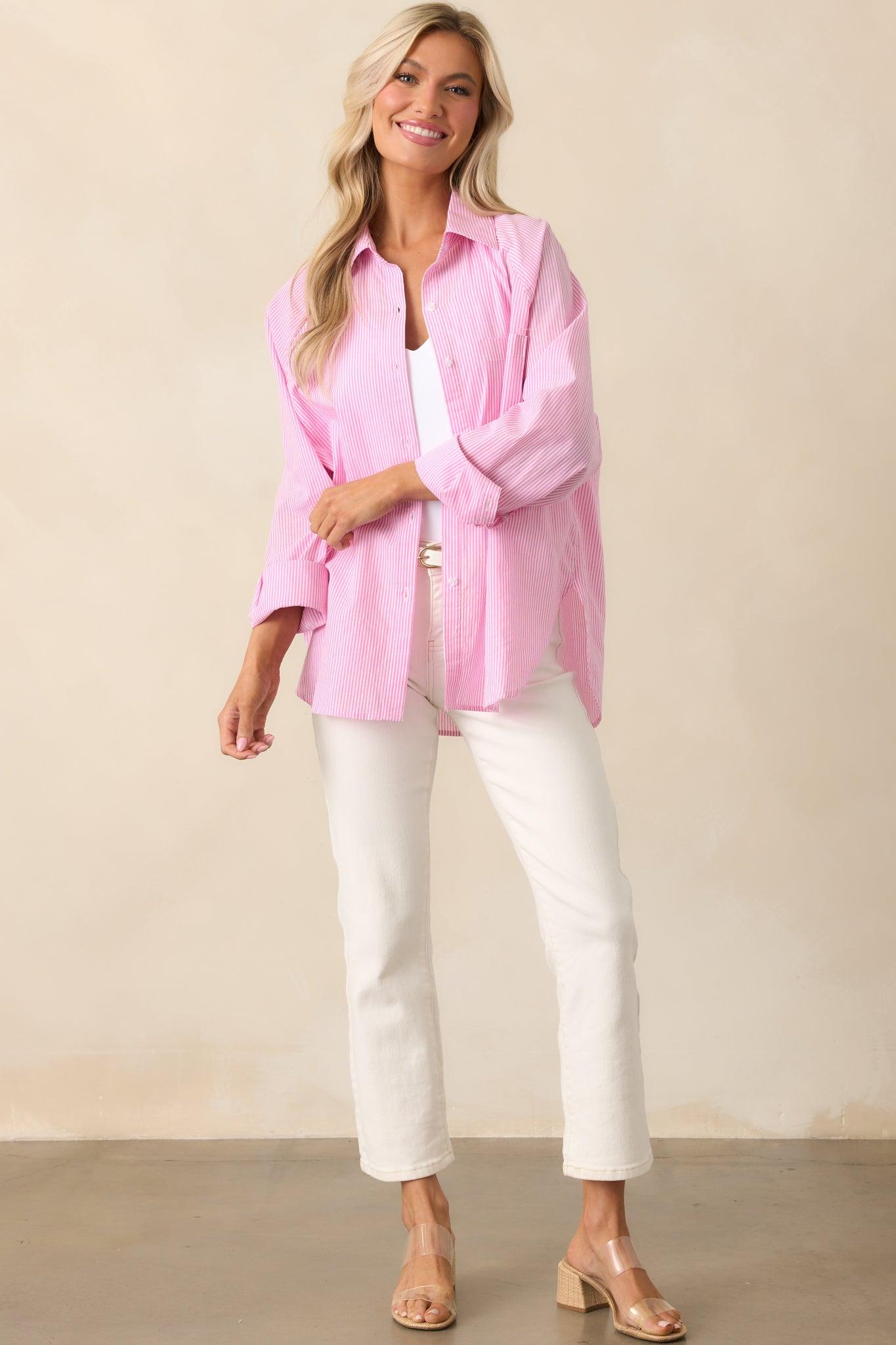 Sutton Peony Pink Stripe Cotton Top Product Image