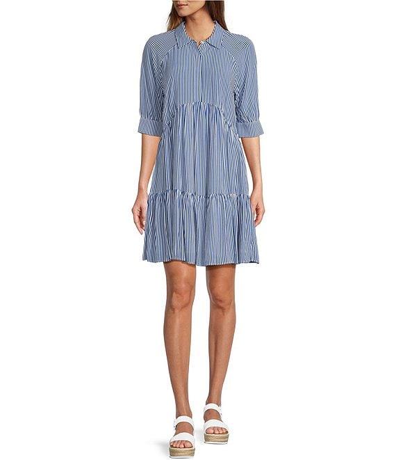 A Loves A Striped Point Collar 3/4 Cuffed Sleeve Button Front Mini Shirt Dress Product Image