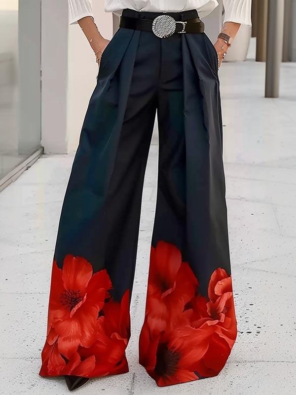 High Waisted Loose Floral Printed Pleated Split-Joint Pants Trousers Product Image