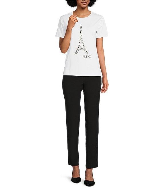 KARL LAGERFELD PARIS Stretch Knit Crew Neck Short Sleeve Crystal Eifel Tower Graphic Tee Product Image
