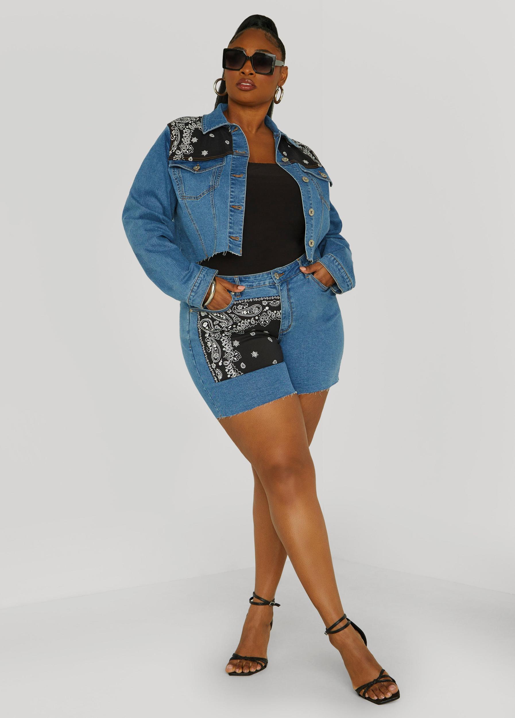 Bandana Print Cropped Denim Jacket Product Image
