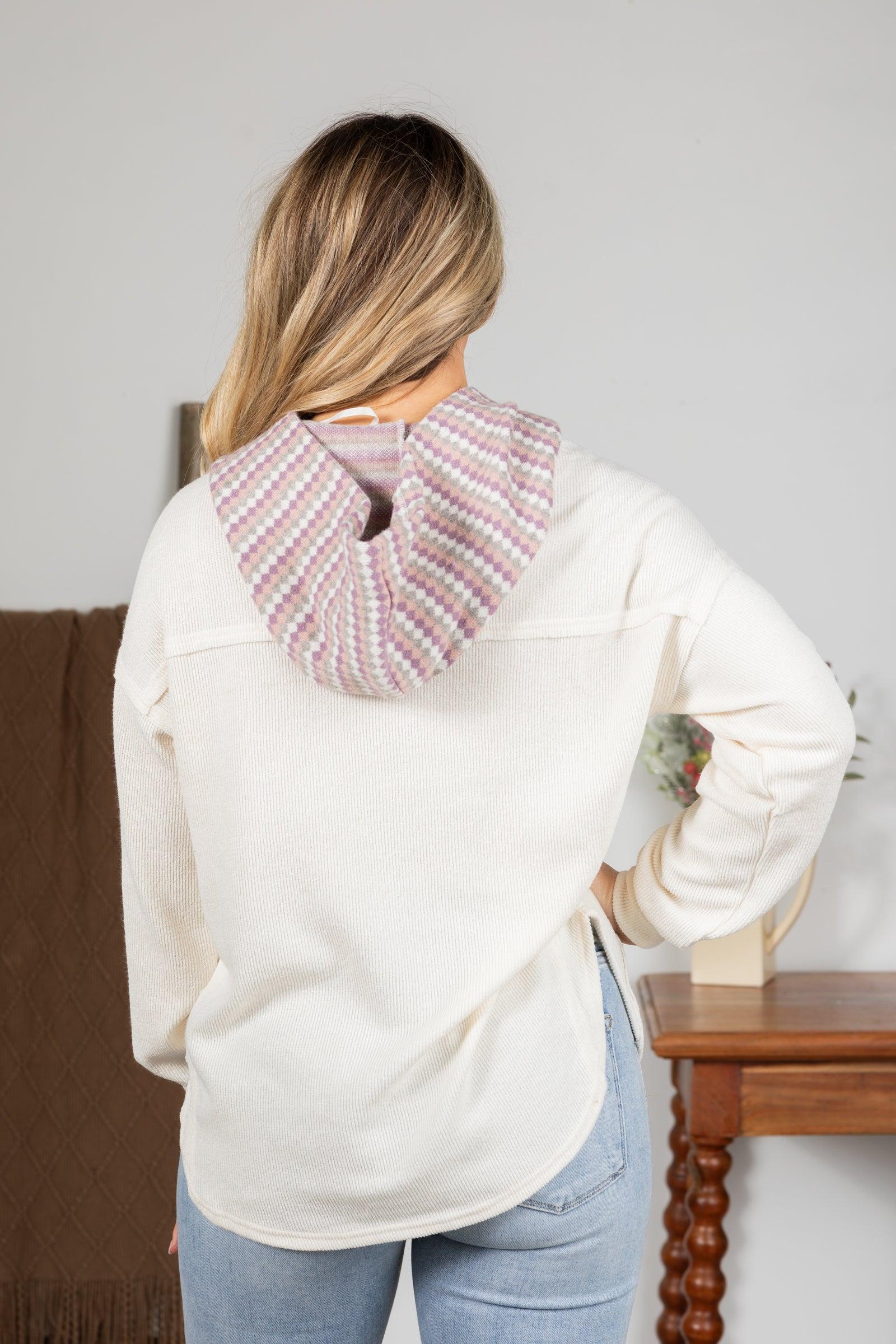 Cream Cozy Contrast Knit Hoodie Top Product Image