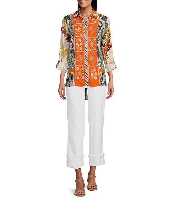 John Mark Point Collar Button Front Long Roll-Tab Sleeve Embroidered Panel Multi Print Tunic Product Image