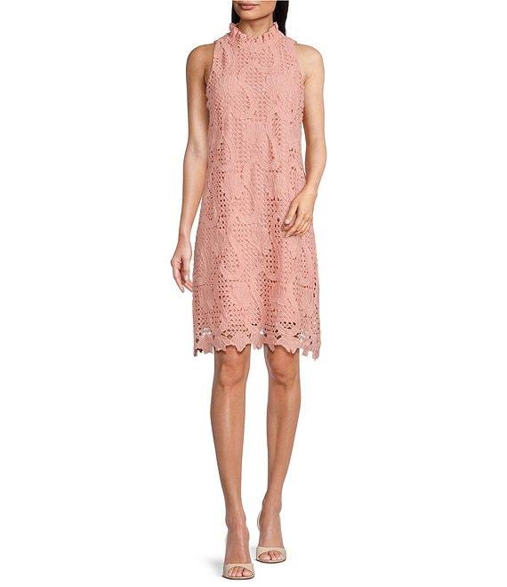 Anne Klein Ruffle Mock Neck Sleeveless Bow Back Lace Shift Dress Product Image
