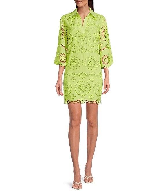 tyler boe Penny Eyelet Point Collar Split V-Neck 3/4 Bell Sleeve Scallop Dress Product Image