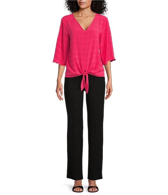 Slim Factor By Investments Dylan Puckered Stripe Tie Front V-Neck 3/4 Sleeve Top Product Image