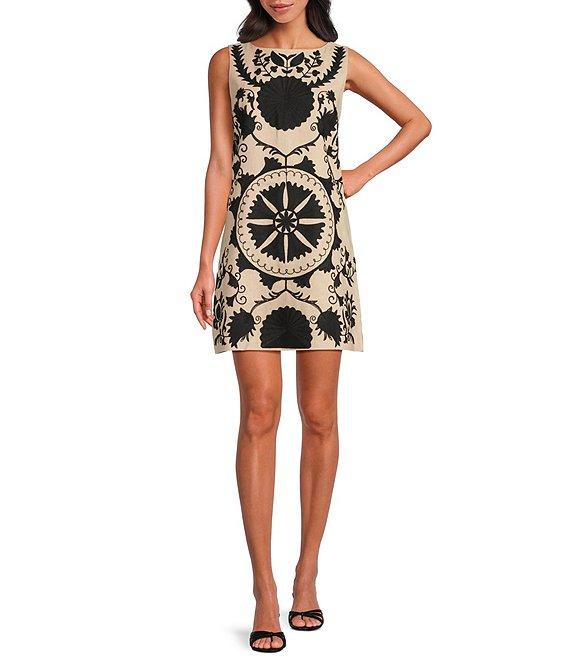 Le' AL.X Linen Blend Embroidered Boat Neck Sleeveless Mod Shift Mini Dress Product Image