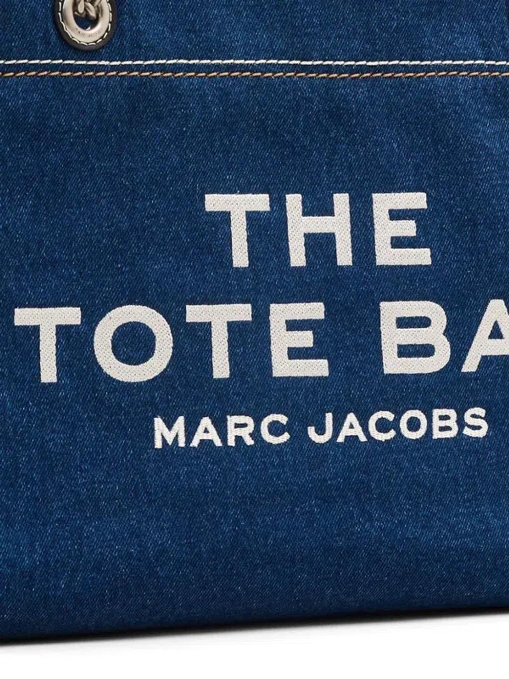 MARC JACOBS The Medium Tote In Blue Denim With Embroidered Logo In Dark Wash Product Image