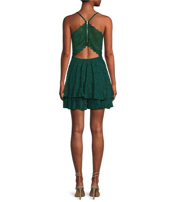 Honey and Rosie Lace Bra Back Double Hem Glittered Lace Fit & Flare Dress Product Image